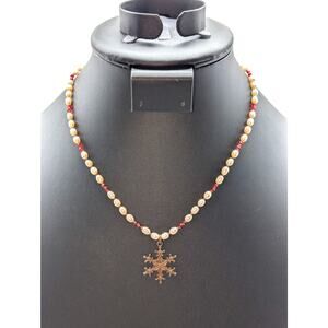 Antiqued Snowflake Pendant Freshwater Pearl Red Crystal Bead 17"-19.5" Necklace